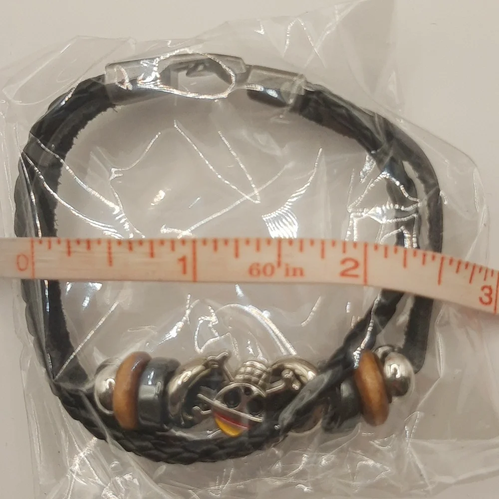 One Piece Anime Monkey D Luffy Straw Pirates Leather Metal Bracelets 3pcs NEW